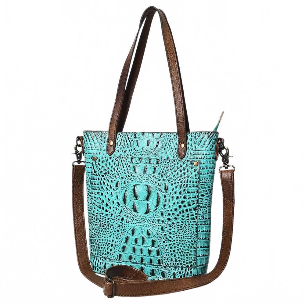 NEW AMERICAN DARLING women's western leather tote bag in turquoise croc